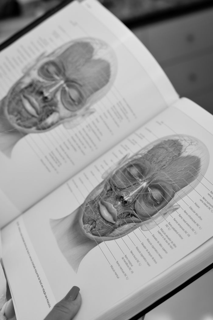 gallery-01 Black and white image of a medical anatomy book showing human facial structure diagrams.